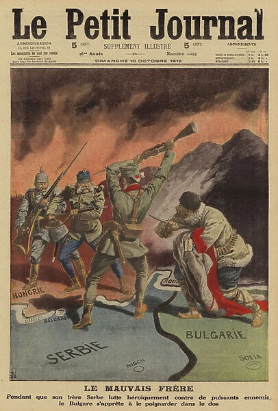 Bulgaria preparing to stab its neighbour, Serbia, fighting against Austria and Germany, in the back, World War I, 1915 (colour litho)