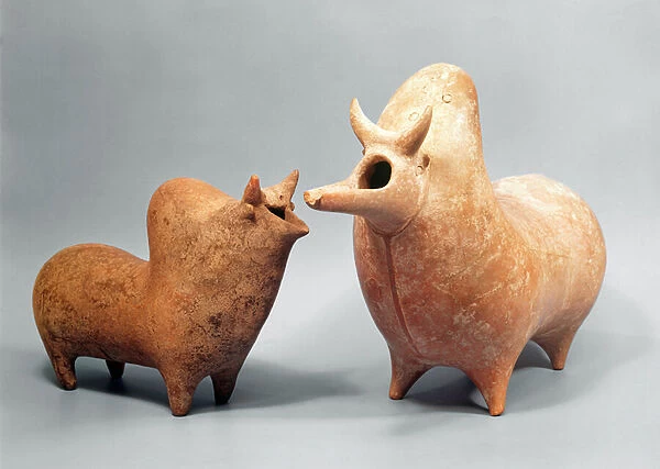 Two burnished baked clay vessels in the shape of zebus (bull) Amlash, N. W. Iran c. 1400-1000 BC (terracotta)