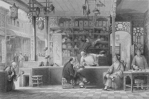 Cap Vendors Shop, Canton, from China in a Series of Views by George Newenham Wright