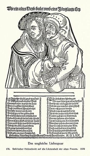 Caricature of a lusty old woman with a young man (woodcut)