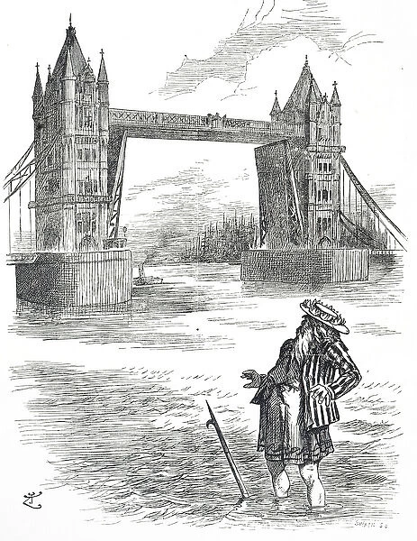Cartoon depicting Father Thames admiring Tower Bridge, London