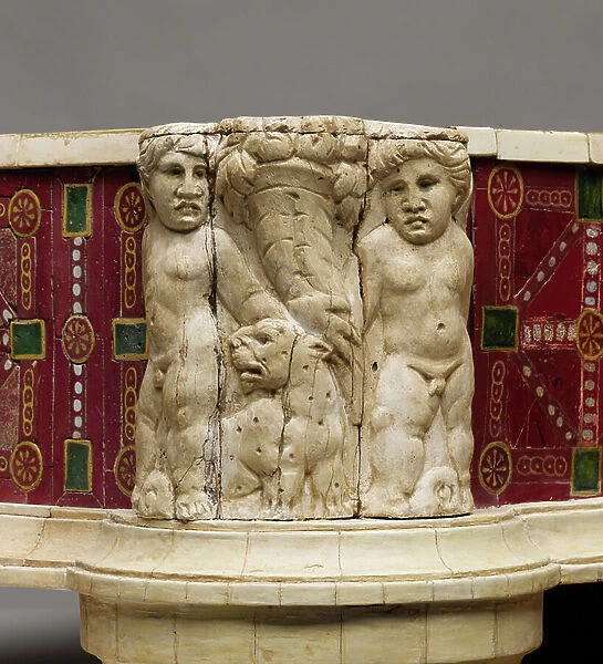 Detail of a couch and footstool with bone carvings and glass inlays, 1st-2nd century AD (wood, bone & glass)