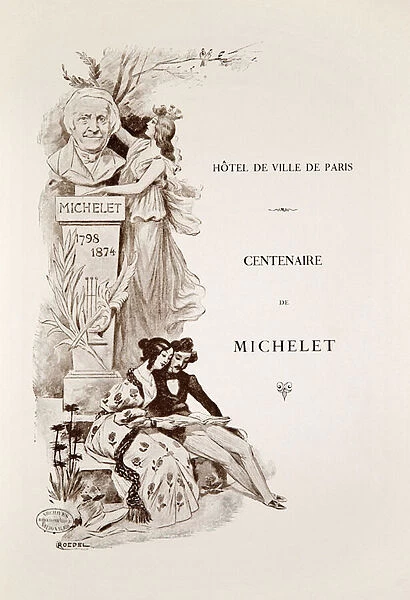 A couple reading at the foot of a bust by Jules Michelet (1789-1894), illustration by Auguste Roedel (1859-1900) in Centennial of the birth of Michelet, official report of celebrations, 1899. Photography, KIM Youngtae, Paris, Archives nationales