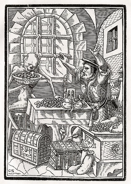 Death comes to the Miser or Usurer, engraved by Georg Scharffenberg, from Der Todten Tanz