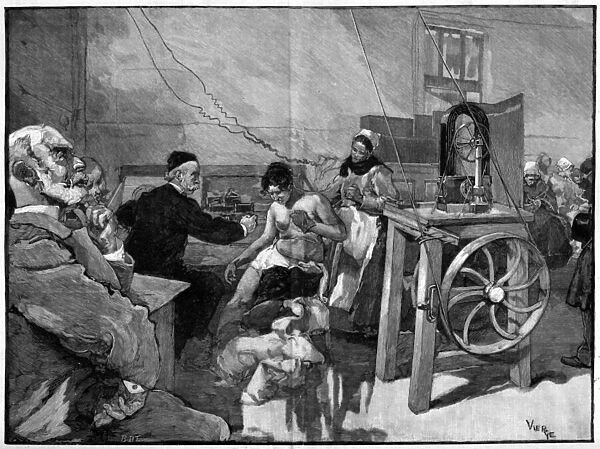 Electrotherapy at the Salpetriere: diagnosis by Dr. Vigouroux in 1887 (engraving)