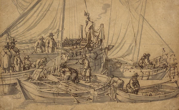 Figures on Board Small Merchant Vessels, c. 1650-5 (pen, brown ink and wash drawing)