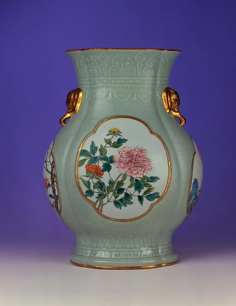 A fine and very rare famille rose celadon-ground vase with a gilt outlined enamel of