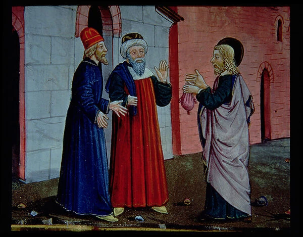 Fol. 109v Judas goes to the priests saying that he has betrayed the innocent blood of Christ (vellum)