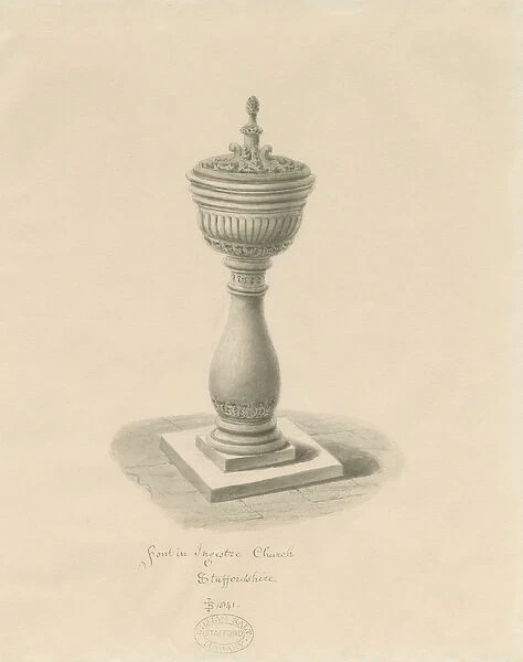 Font in Ingestre Church: sepia drawing, 1841 (drawing)