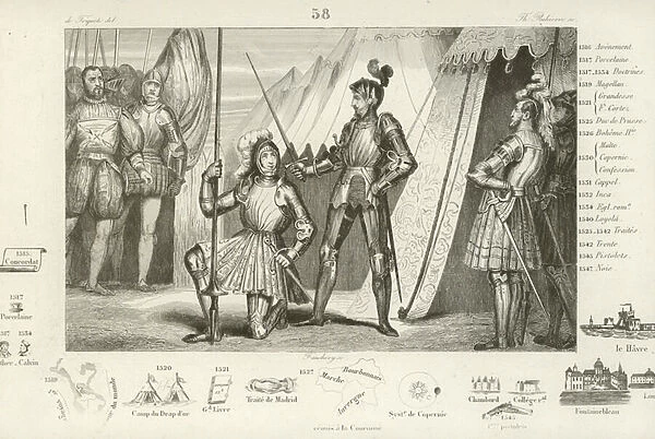 Francis I of France requesting to be knighted by the Chevalier Bayard after victory at the Battle of Marignano, Italy, 1515 (engraving)