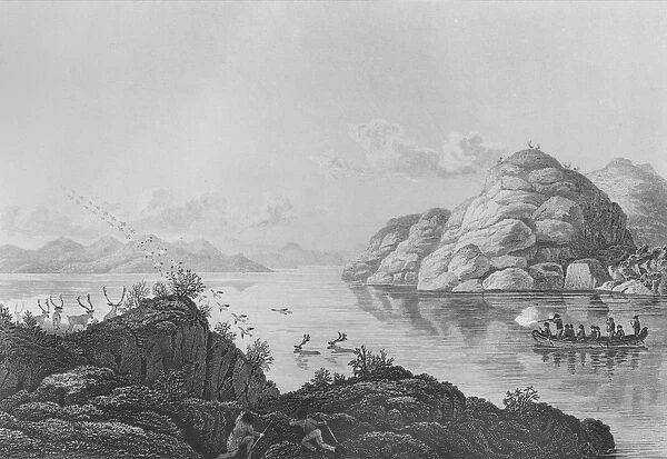 Franklins expedition hunting on Marten Lake, 1820 (engraving)