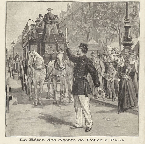 French policeman using his baton to direct traffic on the streets of Paris (engraving)