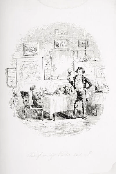 The friendly waiter and I, illustration from David Copperfield by Charles Dickens