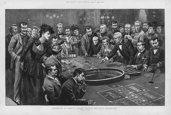 Gambling at a roulette table in the casino of Monte Carlo, Monaco (litho)