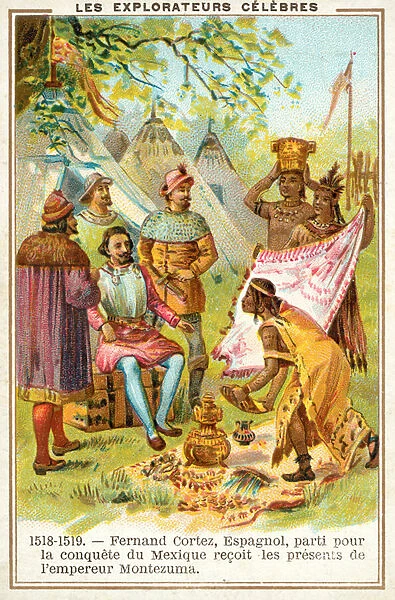 Hernan Cortes, Spanish conquistador, receiving gifts from the Aztec Emperor Montezuma, Mexico, 1518-1519 (chromolitho)
