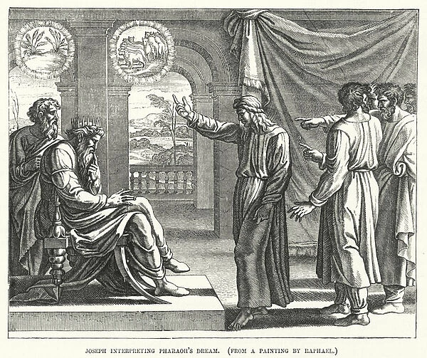 Joseph interpreting Pharaohs Dream, from a painting by Raphael (engraving)