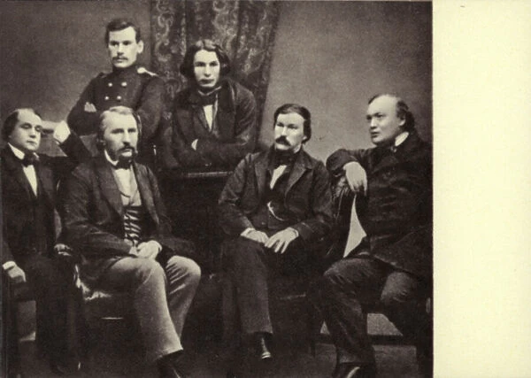 L N Tolstoi with writers-contributors of the magazine 'Sovremennik', Peterburg, 1856 (b  /  w photo)