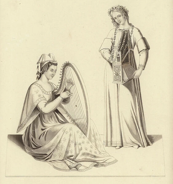 Ladies playing on the harp and organ, beginning of the 14th century (engraving)