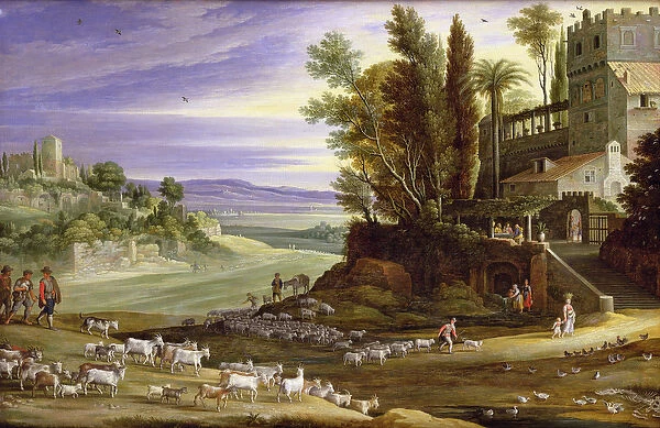 Landscape with Shepherds and the Supper at Emmaus (oil on panel)