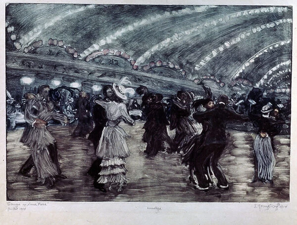 Le Tango a Luna Park (Tango Dance at Luna Park). Des couples de danseurs sur une large piste, eclaires au plafond par des guirlandes de lumiere. Oeuvre de Yelisaveta (Elisabeth) Sergeyevna Kruglikova (Elizaveta Sergeevna Krouglikova) (1865-1941)