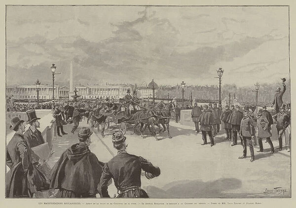 Les Manifestations Boulangistes, Aspect de la place de la Concorde, le 19 avril, Le general Boulanger se rendant a la Chambre des deputes (engraving)