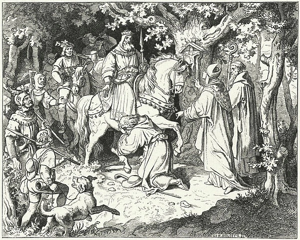 Liudolf, Duke of Swabia, begging the forgiveness of his father, Otto I of Germany, for rebelling against him, 954 (engraving)