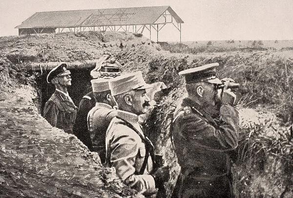 Lord Kitchener with binoculars with General Joffre in trench on Western Front, August 1915