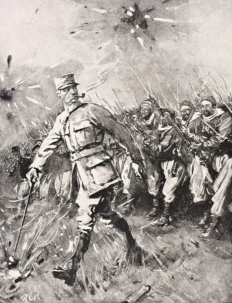 Major Jean-Baptiste Marchand, pipe in mouth, cane in hand, leads Zouave and Moroccan