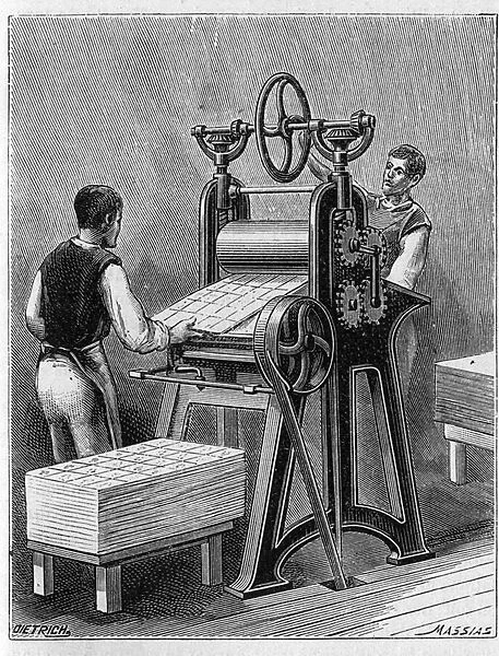 Making cards to play by old methods. Cylinder of playing cards. Engraving from 1893