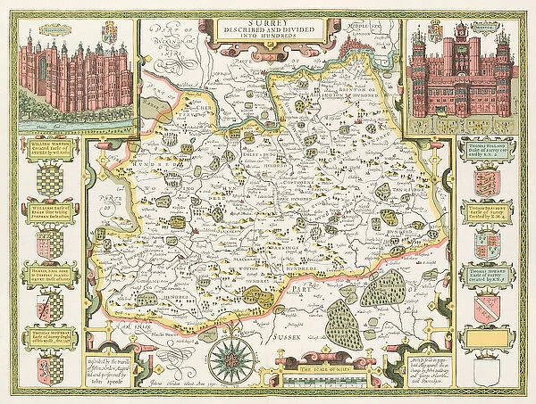 Map of Surrey, engraved by Jodocus Hondius (1563-1612) from John Speeds Theatre
