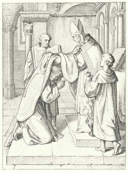 Martin Luther is ordained as a priest by Jerome Scultetus, Bishop of Brandenburg at Erfurt Cathedral, 3 April 1507 (engraving)