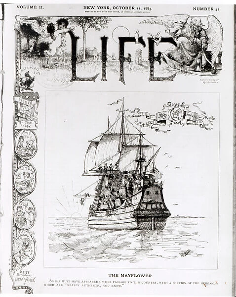The Mayflower, front cover from Life magazine, 11th October, 1883 (engraving)