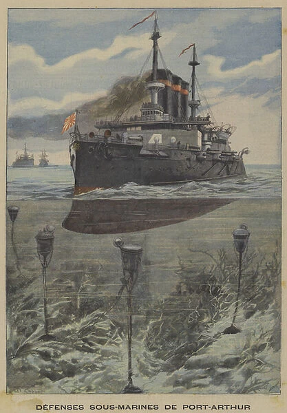 Mines tethered to the seabed off Port Arthur, Russo-Japanese War (colour litho)