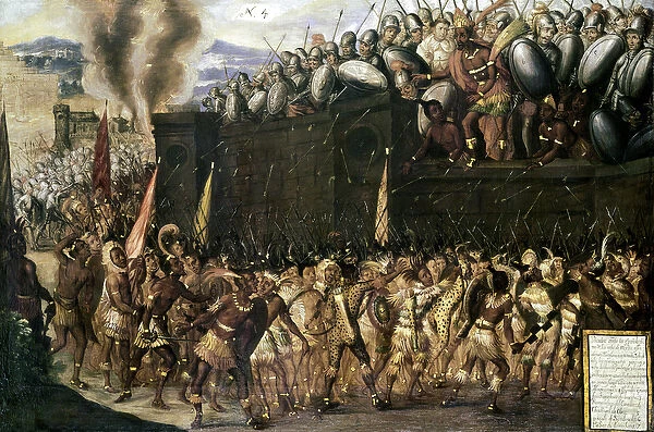 Montezuma (1466-1547), captured by the Spaniards, pleads with the Aztecs to surrender
