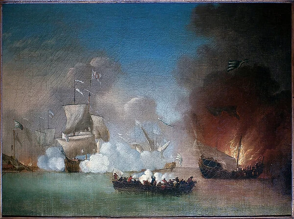 Naval battle between a Portuguese warship and prickly pirate galleys - Painting by Peter