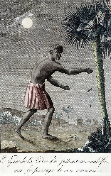 Negre of the Cote d Or (Ghana) throwing a curse on the passage of his enemy. 1811