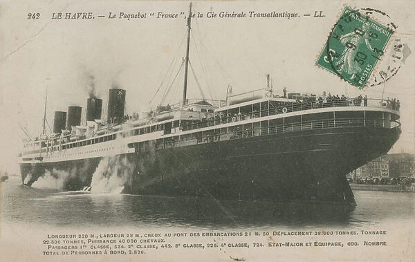 Ocean liner France, Le Havre. Postcard sent in 1913