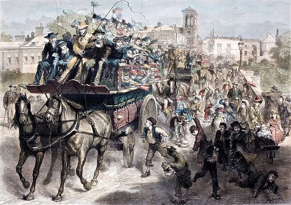 Packed coaches taking Londoners for a day out in the country in Victorian times (coloured engraving)