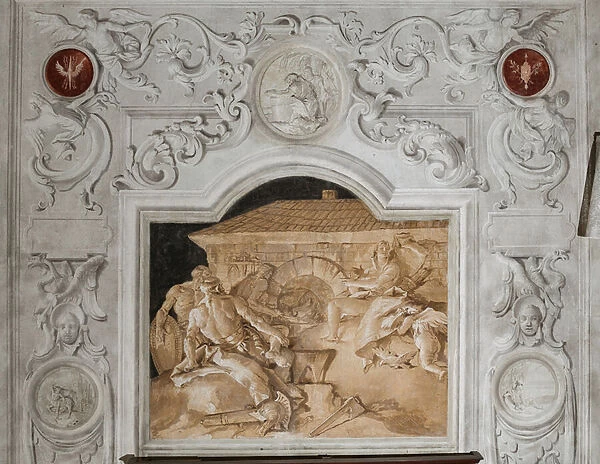 Palazzina (Small Building), the third room or room of the Aeneid: monochrome fresco representing Vulcan, god of fire, who supervises the work of the blacksmiths who are forging weapons for Aeneas in the presence of Venus in his forge