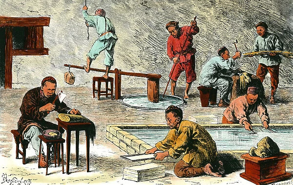 Paper making in China: different stages of production of paper sheets from the bark. Drawing by Ivan Pranishnikoff (1841-1909). 19th century Private collection