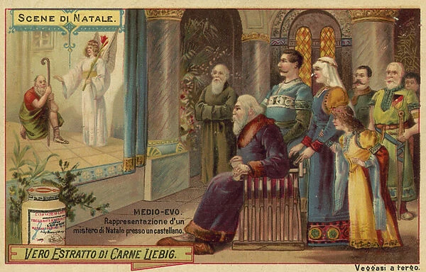 Performance of a Nativity play in a castle in the Middle Ages (chromolitho)