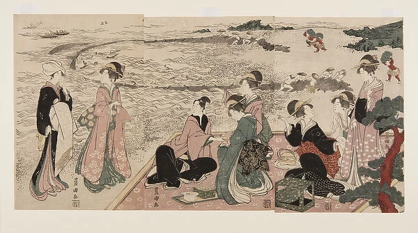 A Picnic on the Seashore (colour woodblock print)