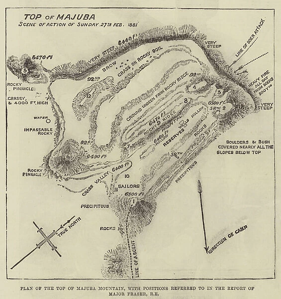 Plan of the Top of Majuba Mountain, with Positions referred to in the Report of Major Fraser, RE (engraving)
