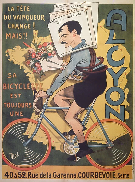Poster advertising Alcyon cycles with the winners of Tour de France Faber (1909