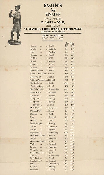 Price list for G Smith & Sons, Snuff Shop (engraving)