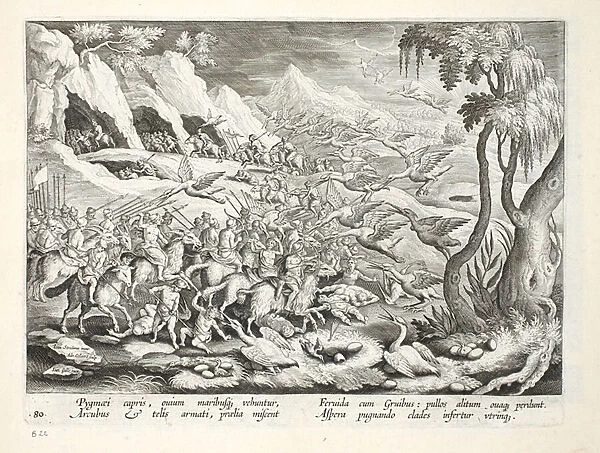 Pygmies on goats hunting Crane, illustration from Venationes, Ferarum, Avium
