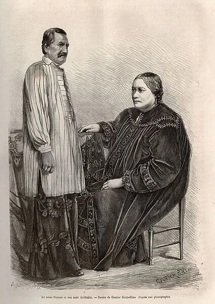 Queen Pomare IV of Tahiti (1803-0877), last ruler of Polynesia from 1827 to 1877 and her second husband, Prince Ariifaaite (1820-1873). Engraving after the drawing of Gautier Saint Elme, to illustrate the memories of the Pacific, by A