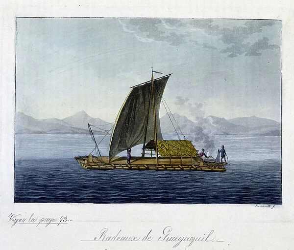 Raft of Puayaquil (Colombia) Sailing raft manufactures in bamboo - in 'Le costume ancien et moderne'by Ferrario, ed. Milan, 1819-20