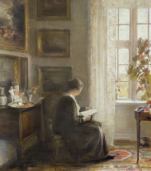 Reading by a Sunny Window (oil on canvas)