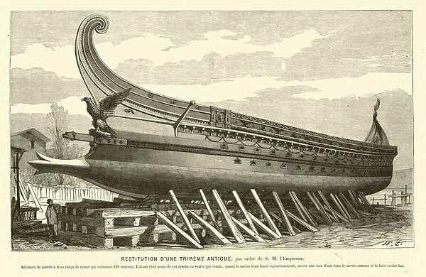Reconstruction of an ancient Roman trireme (engraving)